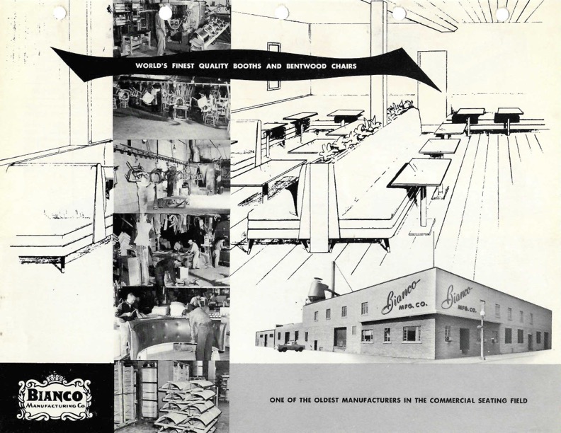 Historic Bianco Manufacturing catalog artwork showing booth layouts, factory imagery, and company presentation materials